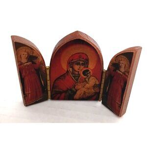 Vintage Triptych Wood Miniature Small Religious Folding Panels